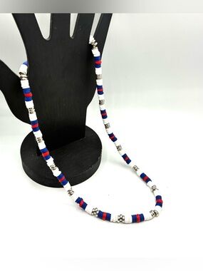 Navy, Red & White Disc Bead Necklace - Women Jewelry